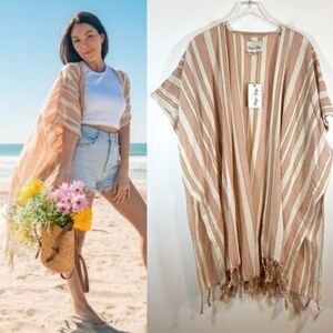 Rays For Days 100% Cotton Striped Fringed Kimono Bikini Cover Up One Size O/S